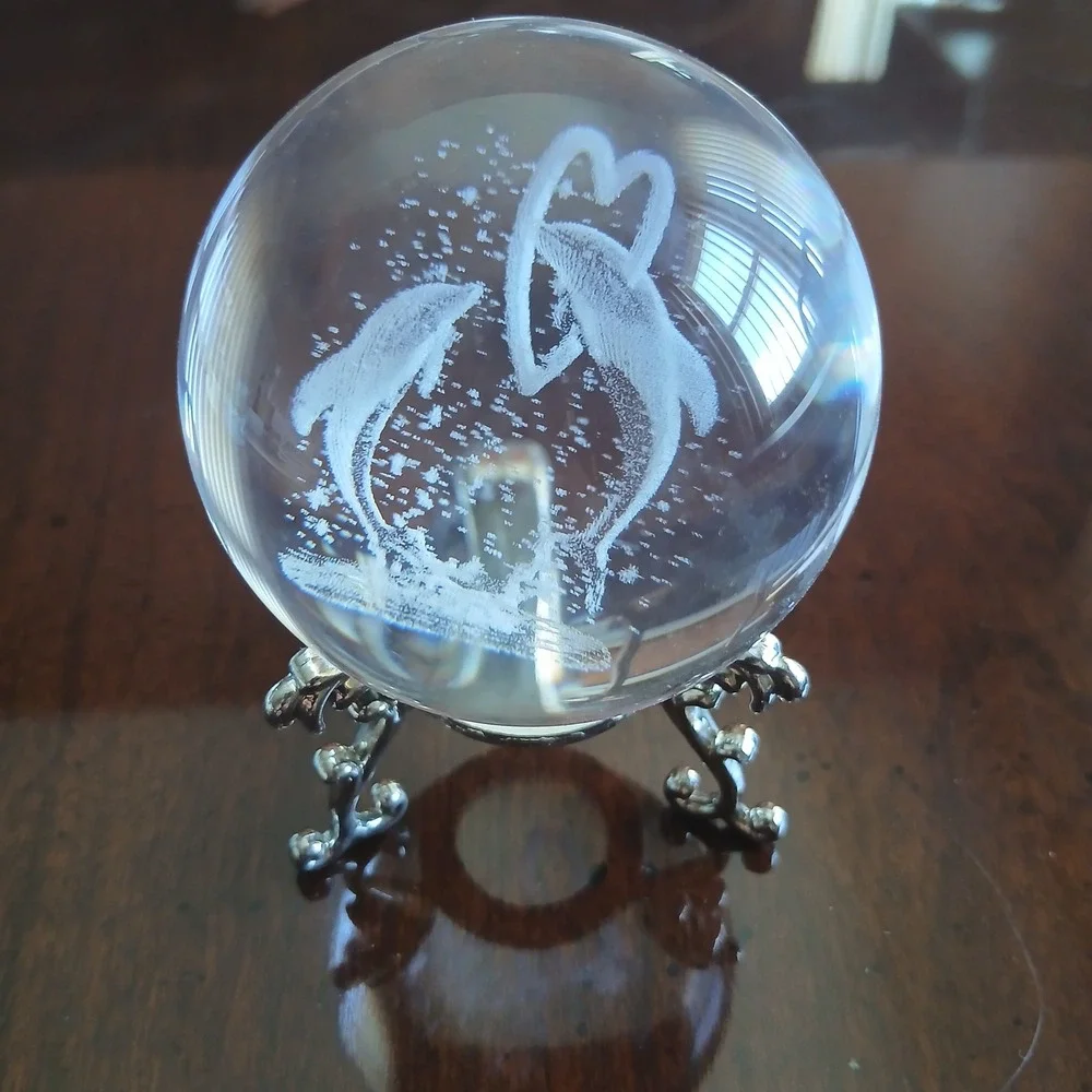 Dolphin Heart Laser Etched Crystal Ball 3D Glass Sphere with Silver Tone Stand